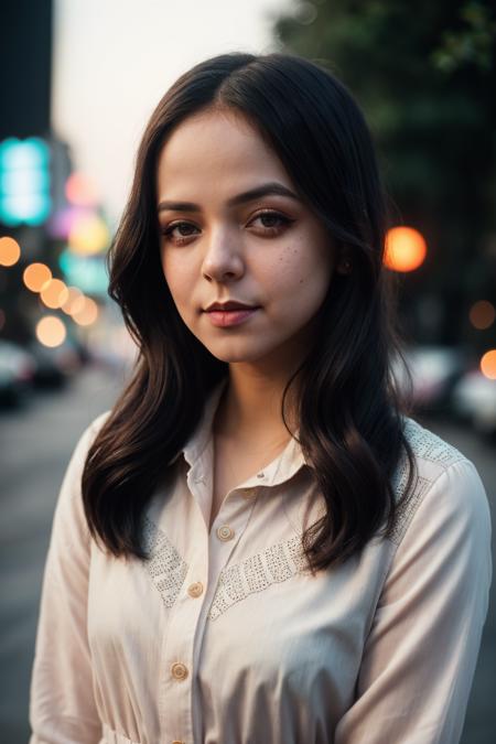 photo of (EPP4l4kS1ndhw4n1:0.99), closeup portrait, perfect hair, (modern photo, [ Clothes: A soft blush pink chiffon dress with floral embroidery. |Button-up cardigan with lace trim and a Peter Pan collar]), 24mm, (analog, cinematic, film grain:1.3), ((theaters and cinemas, cement board, fluorescent outdoor fixtures,bioluminescent jellyfish, motion sensor lights, gradient:1.1)), ((detailed eyes)), ((eyeliner, long lashes)), (epicPhoto), long eyelashes, (perfect waist), (painted lips)