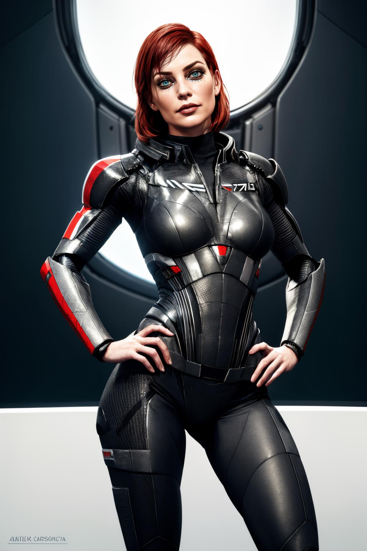 A 3D render of a woman in a black and red jumpsuit with a logo on the front.