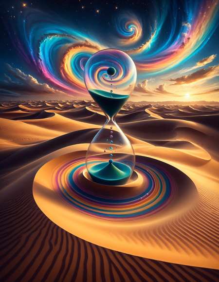 masterpiece, best quality, absurdres, ultra-detailed, colorful surreal desert landscape, a gigantic artistic hourglass centered in the dunes, swirling multicolored sand spiraling outward in vibrant gradients, glowing reflections on the glass, soft shadows on the ground, surreal distortions in the sand, floating dust particles, tiny whimsical details like a camel caravan or a signpost reading âfutureâ, abstract flowing shapes in the distance, magical sky with soft clouds and faint stars, cosmic vibes, dreamlike mood, (sandswirl:1.2), (swirling sand:1.1)
<lora:SandSwirlLoRa:1>
