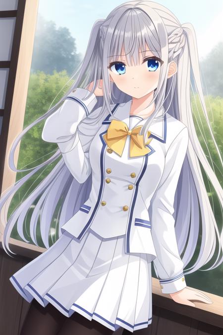 best quality ,masterpiece, 1girl,sakuragi mizuha,sliver hair,long hair,two side up,side braid,blue eyes,school uniform,white shirt,white skirt,miniskirt,yellow bowtie,black pantyhose,<lora:dc5:0.4>