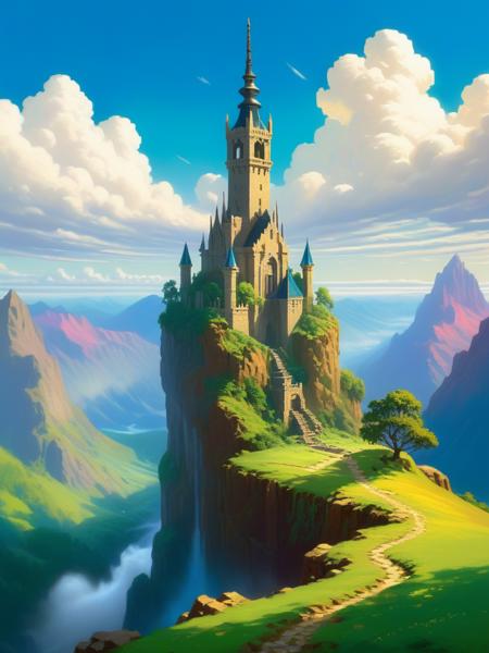 <lora:10NaturalismPainting_Hap_XL:1.5>, Thomas Moran style,oil painting,nature,landscape, Isometric stone tower rising majestically in a pixelated game landscape, simple lines forming a sturdy base tapering into a whimsical spire, cartoonish charm, moat encircling its base, lush green grass dotting the terrain around, soft shadows implying a bright, cheerful sky above, digital render suitable for game asset, 8-bit color scheme.ï¼