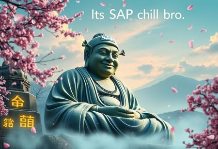 Prompt: "A serene and magical scene featuring a gigantic stone statue of Buddha, but with Shrek's face. The statue is in a meditative pose with one hand raised and cap on his head with logo SAP text. The statue should resemble the Kamakura Buddha, smiling peacefully. Surrounding the statue are glowing Kanji characters, adding a mystical touch. Cherry blossom petals are blowing in the wind, filling the air. At the top of the image, the text 'Its SAP chill bro' is clearly written in clouds. The skyline is beautiful, with high detail and an overall serene, masterpiece quality."