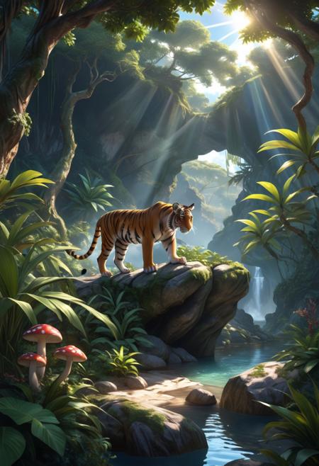 tiger stalking its prey in the jungle,
plant, shrub, tree, leaves, mushroom, water, sunrays, shadows, sky, horizon, rock, cloud,, masterpiece, 8k, ultra high res, ultra high detail, best quality, ultra detailed, realistic, opulent scenery, complex scene, explicit, vibrant colors,