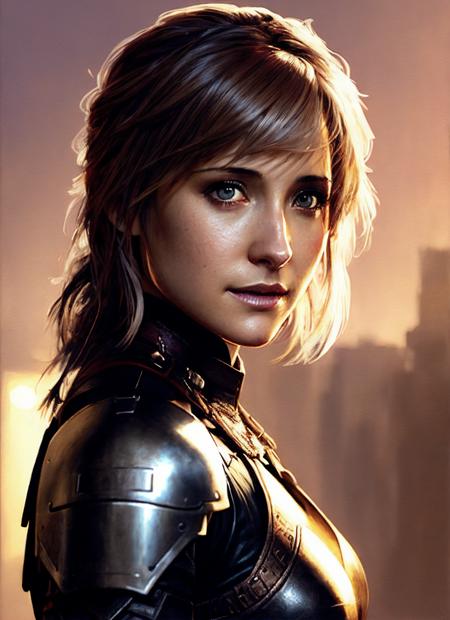 illustration of sks woman as thief in leather armor, smirk, beautiful detailed eyes, cinematic, drawn by Greg Rutkowski, Yoji Shinkawa:0.6, vibrant colors, <lora:locon_allisonmack_v1_from_v1_64_32:1.3>