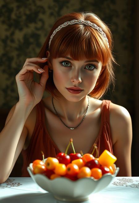 real life realistic,  beautiful woman at a table, bowl of fruit  on the table, women looking at viewer lovingly as one lifts a cherry to her open mouth.  One  hand is on the cheek touching a curl of hair at the front of her ear.  red-haired Irish, small breasts, sleeveless blouse  headband, necklace , bangs,  short hair.
score_9, score_8_up, very detailed, detailed eyes,  high detailed texture, realistic, photorealistic, perfect eyes, real life realistic, Expressiveh, Stable_Yogis_PDXL_Positives, midjourneylora, detailed background, dynamic angle, volumetric lighting, godrays, beautiful, small breasts, green eyes,