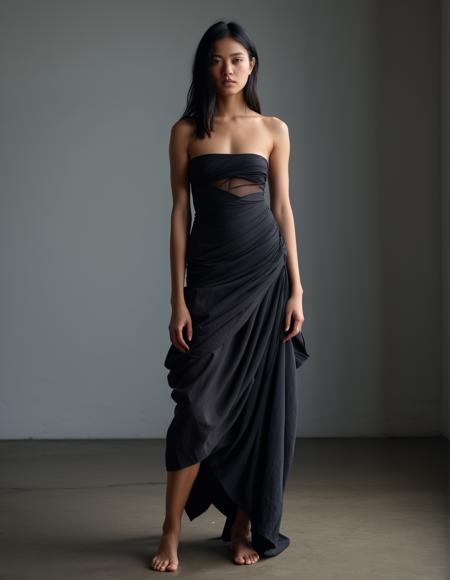 hyperrealistic photo of a beautiful Woman, early 30s, Indigenous Australian, with long straight black hair, dark brown skin, deep brown eyes, medium height, and solid build., wearing A Yohji Yamamoto deconstructed darkness: Her dress seems to be coming undone, with threads and fabric strips cascading to the floor, creating a sense of disintegration and complexity. Moving through a shadowy, industrial space, the garment explores themes of decay and rebirth, embodying Yamamotoâs avant-garde interpretation of fashion., Staged Narrative, she is part of a larger scene that tells a story, perhaps dressed in period costume, interacting with props or other models. Her expression is engaging, and her posture interacts naturally with her surroundings, reminiscent of Leibovitz's cinematic style, (in the style of annie leibovitz)  , (portrait in a cinematic and vintage style. lit with dramatic, focused lighting that casts soft shadows, evoking the mood of classic films, elegant and expressive, suggesting a narrative of introspection and grace, The background is dark, highlighting the subject with a single light source, creating a stark contrast. The atmosphere is rich and moody, with a color palette that includes deep shadows and warm highlights, shot on classic zeiss lenses, 135mm at f2, large softbox, sony a7riii), <lora:detailed_notrigger:0.4>, <lora:RMSDXL_Photo:0.4>  , A soft shimmer of heat radiating off warm surfaces, slightly distorting the air above them, Photorealistic, absurdres,  photo,, perfect composition,masterpiece,best quality, atmospheric haze, Film grain, cinematic film still, shallow depth of field, highly detailed, high budget, cinemascope, moody, epic, OverallDetail, gorgeous, photorealistic, eye catchlights, atmospheric lighting, skin pores, imperfections, natural, shallow dof