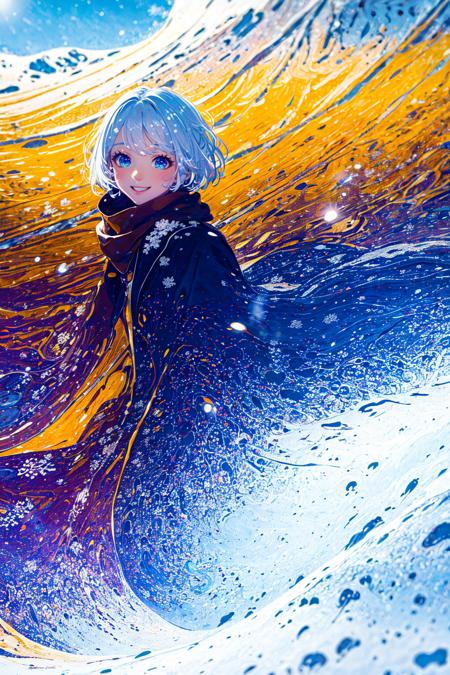 best quality, upper body, white hair, short hair, floating hair, scarf, 1girl, solo , smile, intricate coat, ((flying snow)), colorful theme, (snowfield), from side, sky, cloudy sky, building, sunlight, sun, extremely detailed, masterpieces  <lora:soapbubblefilm_lora_unetonly:0.8>