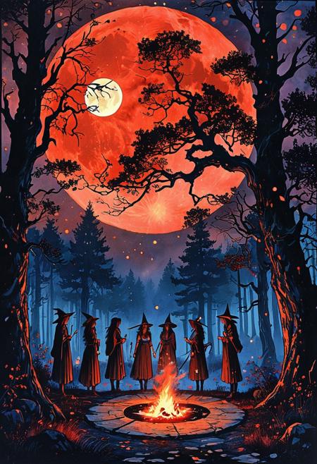 linquivera, Ink illustration, (anime:0.5), muted watercolor tones, aged paper texture, inkpunk, VHS screen grab, grainy, old footage style, dark fantasy, a group of completely naked 21 year old gorgeous female witches gathered around a glowing ritual circle in a shadowy forest clearing under a blood-red full moon, faint mist swirling at their feet, twisted gnarled trees arching overhead, glowing sigils floating in the air, flickering torchlight casting ominous shadows, atmosphere charged with dark magic and secretive purpose, midnight sky stained with crimson and deep indigo, distant owl calls, OverallDetail, extremely detailed, UHD, (long exposure, eerie surrealism filtered through grainy VHS distortion:1.4)