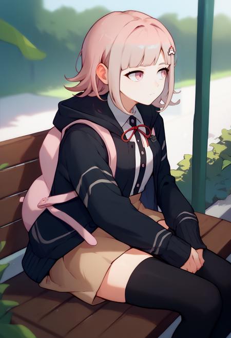 nanami chiaki, hairclip black jacket, long sleeves, two-tone shirt, neck ribbon, brown skirt, thighhighs, backpack