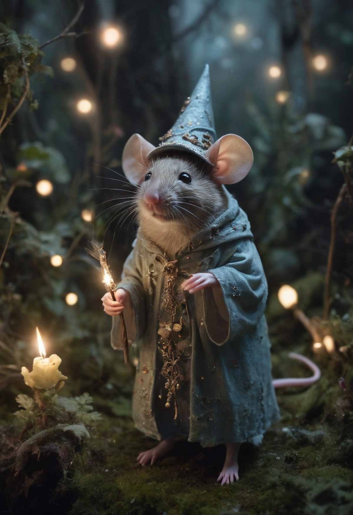 A whimsical photograph of a spellcaster mouse in a miniature enchanted forest, inspired by the works of Tim Walker. Magica...