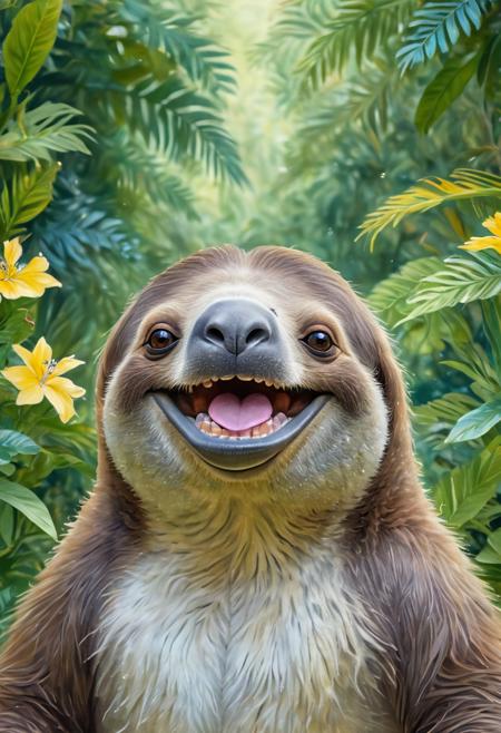 Close up portrait of a gentle giant sloth, big smile, white teeth, soft fur, pastel rainbow color scheme, wispy whiskers, medium size, playful behavior, lush green environment, sparkly fairy dust, whimsical watercolor style, calming blue and yellow color palette, serene mood, warm natural lighting, unique perspective composition, subtle background elements of tropical flowers, interactive elements of a tiny butterfly, emotional response of joy and wonder.  <lora:big_smile_sdxl_v1:1>