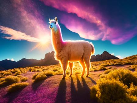 a pink alpaca standing in a field, alpaca, 8 k ultra realistic animal, by Chris LaBrooy, lama, trending on dribbble.com mascot, llama all the way, llama, wild fluffy llama portrait, 8 k ultra realistic creature, portrait of a llama, lama with dreadlocks, fuschia skin, hyper realistic digital art, llama angel of sunrise, no humans, sky, day, cloud, realistic, sheep, outdoors, grass, solo, pokemon (creature), blue sky, standing, mountain, full body, tree a beautiful portrait anime of daan liang a young adult man with wisp-eye brow, art of kuroi, dan pang. 8 / 0 s 35 f aperture light, (an ultra dimensional cosmic portal:1.19) which open, flowing light emanating into different universe colors glowing stars with golden arcs above, fantasy world at sunset lighting, intricate art lineart fantasy painting artstation contest devista fan digital render volumentrinascr lighting photodream synth wave concept by sony starry day cinematic epic digital painting style. 8 f mm 850 i / 55 aperture detailed, hyper ornated, glucens with grom nebulandus in gorgios god of crown with angel aphonsex super, high sharp contrast photorealistic close in hyperreal ultra photography of