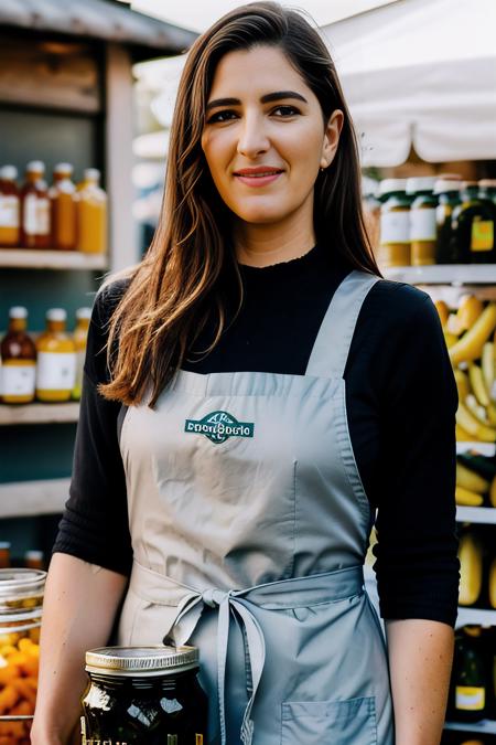 a professional photograph of beautiful (D4rcy:1.1) woman,as a beautiful merchant,wearing a (pearl gray) (shopkeepers apron:1.2)over(black shirt:1.1),holding a (large jar of pickles:1.4),standing in front of a (produce stand:1.1),at a busy street market,on cobblestone street,crowded with shoppers,long hair,lipstick,makeup and eyeshadow,magazine advertisement photoshoot,sharp focus,detailed eyes,(highly detailed),(HDR),(8k wallpaper),intricately detailed,highres,absurdres,hyper realistic,8K UHD DSLR,Fujifilm XT3,taken with (Canon EOS 1Ds camera),extremely intricate,(looking at viewer),4k textures,elegant,(cinematic look),hyperdetailed,PA7_Portrait-MS,<lora:D4rcy_02A-000004:1.1>,