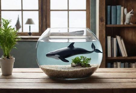 A high-resolution 8K DSLR photo showcasing a surreal scene where a tiny whale, disproportionately small compared to its natural size, is swimming in a clear glass fishbowl. The fishbowl is placed on a rustic wooden table, with the background featuring a cozy, well-lit room with bookshelves and indoor plants. The whale, despite its miniature size, should appear detailed and lifelike, capturing the essence of its majestic beauty in a whimsical setting. The contrast between the whale's natural habitat and the domestic environment should be striking yet harmonious, creating a visually captivating and thought-provoking image.