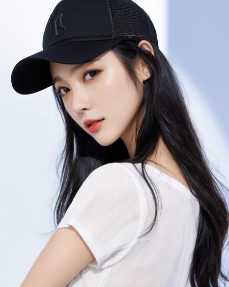 ultra high res,delicate skin,woman,(Asian:0.1),black hair,long hair,clear,Baseball cap,