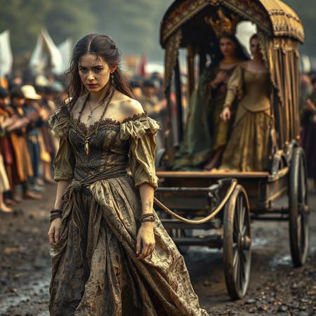 beautiful defeated and captured queen pulled behind a cart by leash around her neck, wearing muddy royal gown, disheveled hair, hands tied behind her back. behind her in a carraige, the victorious queen in magnificent robes, standing,  arms out, accepting praise