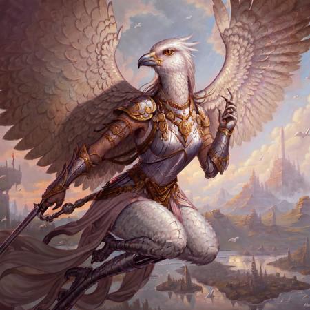 masterpiece, best quality,((solo)),  painting of Aven  a Silvery Pink bird woman  wearing armor, medieval setting,  in a tundra, evening, nursing home in the background, <lora:Aven:0.85>