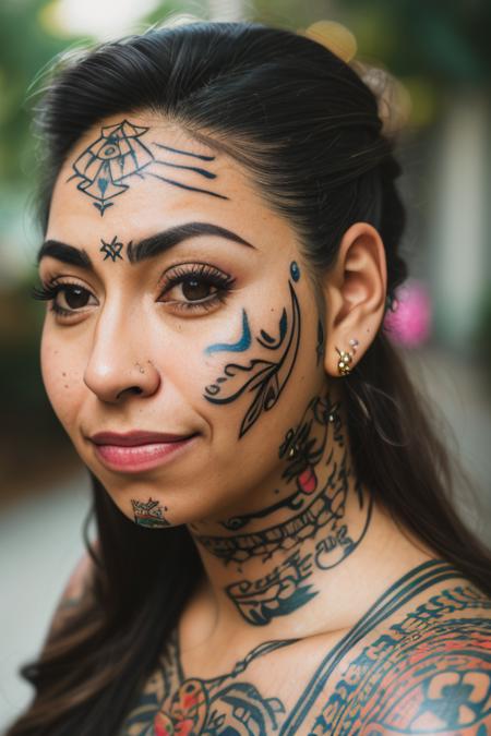 professional photo, portrait of a Latina with face tattoo, soft lighting, DSLR, bokeh, unslpash, cinematic still, film grain, <lora:Nlo_FaceTattoo_v1:1>