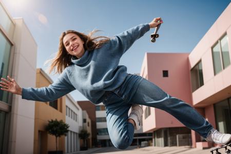 full body,from below,wide shot,photo of a 18 year old girl,skating,happy,laughing,looking at viewer,sweater,denim pants,ray tracing,detail shadow,shot on Fujifilm X-T4,85mm f1.2,sharp focus,depth of field,blurry background,bokeh,<lora:add_detail:1>,