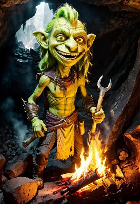 (( Gooblin smiling by as cooking a one Rat is skinned and impaled horizontally  under it is the fire that cooks it,in a cave:1.3)), ((the Gooblin he is small with a thin body and a large head, he wears skyrim style armor, his skin is pale green, his ears are large Gremlin style, his eyes are yellow has spots on its skin and its hair is messy and curly)),((around there are weapons, boxes, skins, cobwebs and everything is messy and dirty)),(( the game The lights and shadows of the cave and the bonfire create striking contrasts in the almost sinister scene, a humid, cold and charged environment with a feeling of enclosure and claustrophobia, with some smoke)),((masterpiece, hyper-detailed and super realistic, in very high definition, everything is well defined and without composition errors)) 90s style