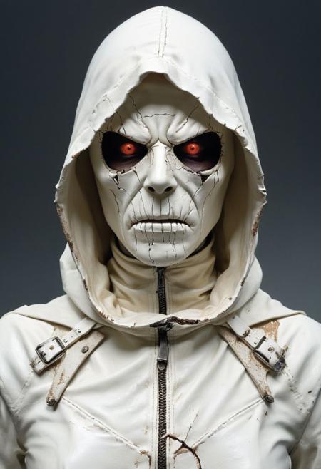 an uncanny otherworldly creature, make, surrealistic extreme, expressive, highly detailed and hyper realistic, horrifying pale body, scarred, white leather cowl, white hood, white painted face (cracked paint) grotesque appearance, hooded cowl, vicious angry hatred (glowing eyes 0.2), sunken eyes, black and ivory hues, desaturated colors, shadow play,  upper body side view, furiously angry, side view looking at viewer, old white leather tunic, Moebius dark sky in the background
<lora:xl_more_art-full_v1:0.5>