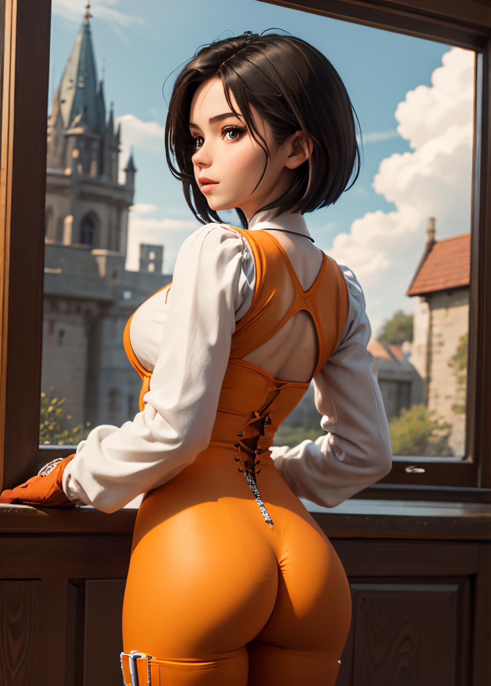 Anime woman in orange dress standing in a window.