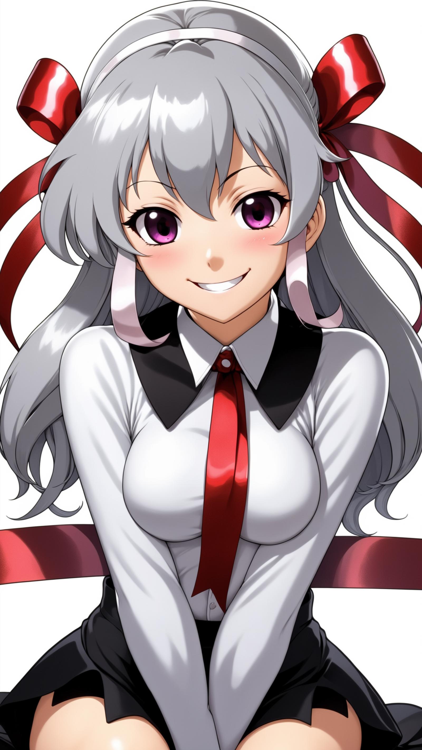A smiling girl in a white shirt and red tie.