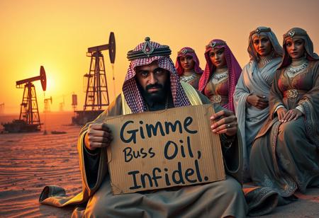 “A wealthy sheikh in luxurious traditional attire, kneeling in desperation, surrounded by his lavish harem. In his hands, he holds a crumpled, rotten cardboard sign reading ‘Gimme Buzz 4 Oil, Infidel.’ The harem members are adorned with ornate jewelry and flowing fabrics, exuding an air of indifference. The backdrop showcases towering oil pumping stations under a hazy desert sunset, with oil derricks actively extracting crude oil. The scene is infused with irony, blending wealth, power, and absurdity into a satirical narrative. Ultra-detailed, cinematic lighting, vibrant textures, and realistic shading.”