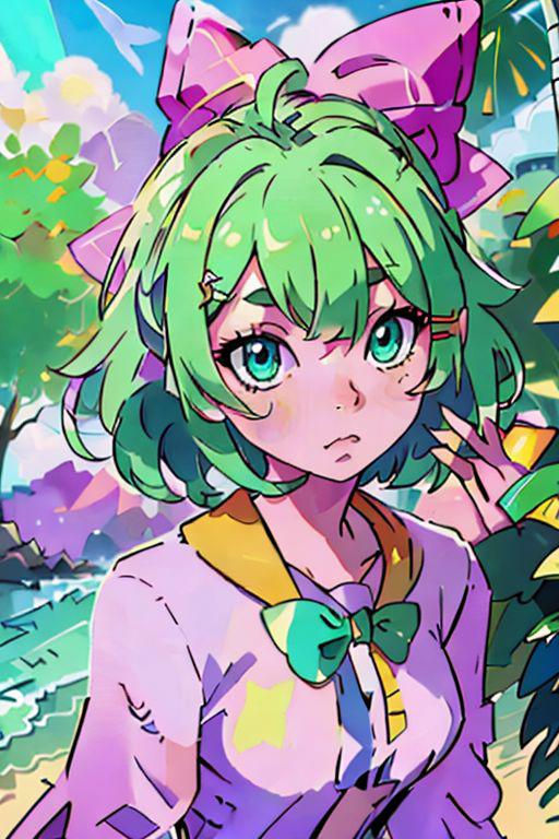 Green Short Hair Purple Bow Girl image by AIArtsChannel