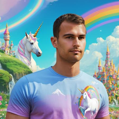 concept art close-up photo of th3o a man, shaved, wearing a unicorn shirt, at a rainbow land, fairies everywhere,  <lora:Theo_James_SDXL:.9> . digital artwork, illustrative, painterly, matte painting, highly detailed