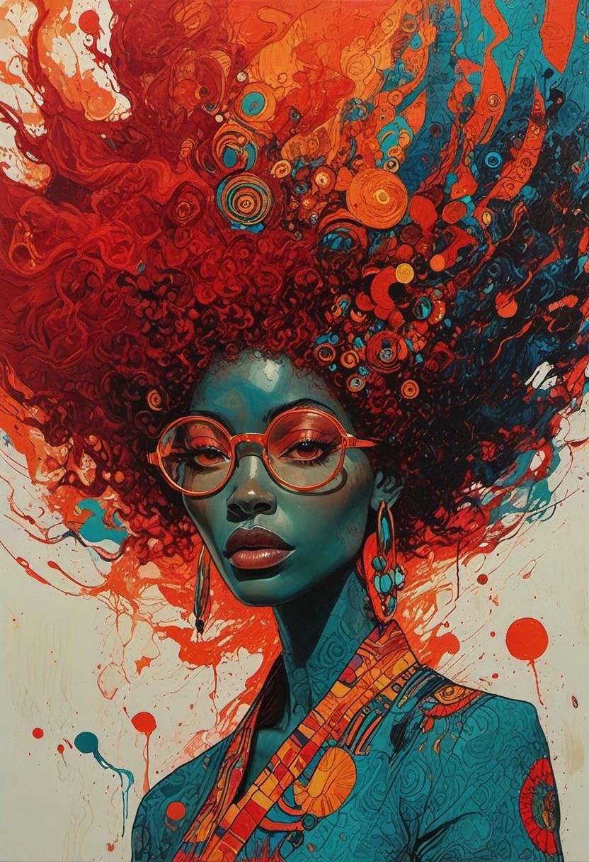 The composition includes evil female, black skin, african features, wearing reflective golden round glasses, red long dress, red hair in an afro,  fashion photography painting, in the style of teal and gold. in the background, tintricate stunning highly detailed, abstract, trippy, 60s style, op art, dark blues and blacks, patterns, hypnotic, art by careening into peace.