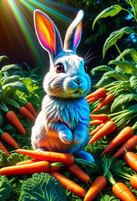 CD Repeat, Masterpiece, best quality, amazing quality, absurd, latest, volumetric lighting, UHD, SFW, vibrant colors, neon, vivid colors, rabbit made of cd's, harvesting magical carrots in the summer heat, exquisite detail, digital art, realistic, highly detail, beautiful, surreal, dramatic, No_Humans,