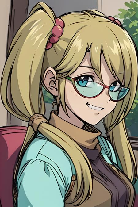 (masterpiece, best quality, ultra-detailed), 1girl, Rebecca Hopkins, blonde hair, twintails, red glasses,looking at viewer, portait shot, front view, smiling expression, opening the mouth