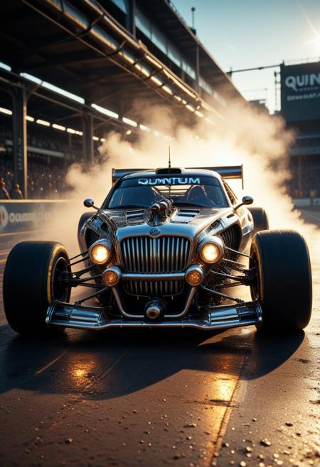 qu4ntum, photo, realistic, closeup, quantum punk race car, urban track, polished metal, steam, pumps, piping, outdoors, dramatic lighting, lens flare, reflections, cinematic lighting, volumetric lighting, masterpiece, best quality, master aesthetic, maximum detailed, absurdres, bokeh, film grain, aidmaImageUpgrader, smoke,