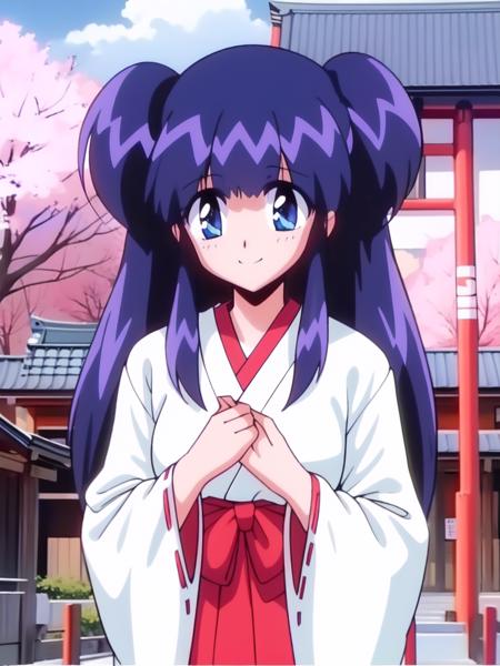 <lora:Shogonoidokozue:0.8> Shogonoidokozue, blue hair, small breasts, blue eyes, smile, happy,  cowboy Shot,
japanese white clothes, miko, red hakama, shrine, cherry blossom,
1990s \(style\), anime, anime_screencap, animated gif, mp4 ,video, animated, 
masterpiece, high quality, very_high_resolution, large_filesize, full color,