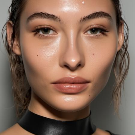 Portrait photo of a woman with wet-looking lips wearing a tight thin leather choker and lip-gloss, Nikon Z9, realistic matte skin, skin texture visible, (sharp focus), (high quality)