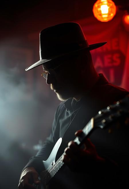 Atmospheric photograph of the silhouette of a blues guitarist wearing a fedora, in a smokey bar, high contrast, shadows, creative masterpiece, vintage and worn look