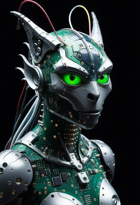 pcb_style. 
masterpiece, awesome quality, hyper detailed, score_9 , score_8_up , score_7_up, score_6_up, score_5_up, score_4_up, Masterpiece. art. Portrait Painting in style of pearlescent yet, masterpiece, best quality. Stunner. perfect saturation, extreme stark exposure. unusal dynamic angle. vivid. Wired tech gargoyle. Future princess , a  humanoid PCB  Lights class cyborg. Rich Robotic features, high tech, joints and screws, razor sharp. sleek monochrome hues..