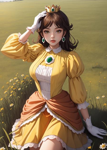 Daisy, 1girl, cowboy shot, yellow top with puffed sleeves and an orange skirt, white gloves, yellow shoes, and a crown with orange detailing, bangs, modern field, grass<lora:Daisy-03:1>