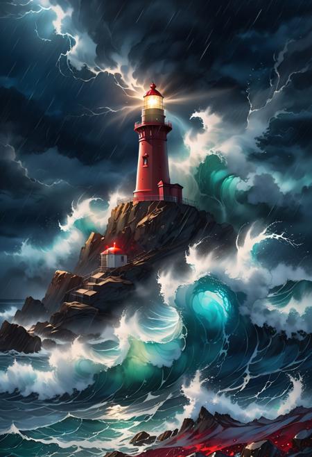 Red theme, alcohol ink of majestic luminous lighthouse perched on rocky cliff, night, rain, powerful beam of dramatic spotlight, stormy night, tumultuous ocean background, focus colours navy and brown, subtle colours, swirling waves crash against the lighthouse base, dark clouds, transparent waves, brooding sea in darkness. heavy rain, rough sea, hyperdetailed, dramatic,