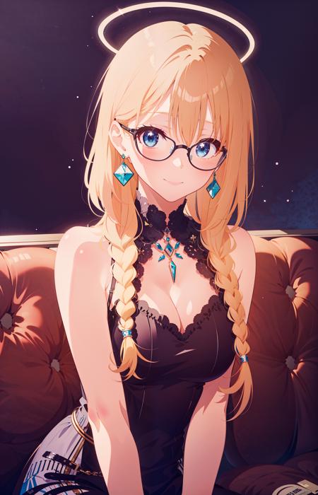 masterpiece, best quality,
1girl, upper body, sitting, bangs, blonde hair, blue eyes, braid, closed mouth, earrings, eyebrows visible through hair, glasses, hair between eyes, halo, jewelry, looking at viewer, smile, solo,