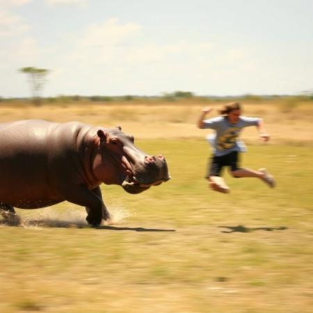 a person being chased by a hippopotamus