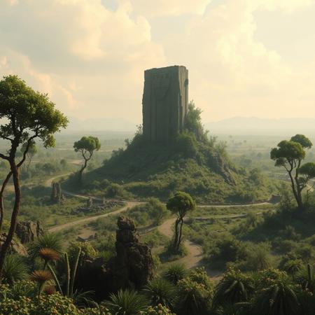 1000bc. An ancient monolithic structure sits inactive and overgrown after millennia of inactivity. Ruins, buried roads, remnants of derelict buildings dot the landscape, overgrown and desolate. The landscape around it is covered in alien wildlife and flora.