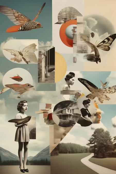 <lora:Surreal Collage:1>Surreal Collage - Graphic design, using association, imagination, imagery, isomorphism, and deconstruction to generate five images with the theme of making dreams fly