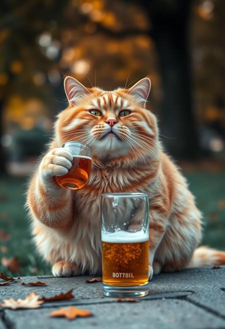 Fat chubby ginger cat drinking beer in park, dynamic angle, warm hues, realistic, photorealism, hd, 8k, high definition, BREAK, score_9, score_8_up, score_7_up, score_6_up