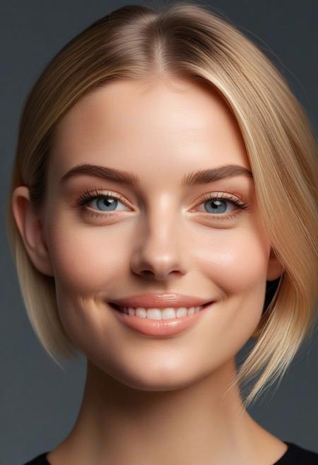 High resolution, 4k, realism, high quality, ((1girl)), Eye color, Deep ocean blue, large, and expressive, with a natural shine conveying warmth.Face shape, Oval, smooth, with slightly high cheekbones, adding elegance.
Hair, Long,  Bob Cut  , golden blonde.Skin tone, Fair, luminous, with a soft pink tint on the cheeks, flawless and radiant, Ears, Small, well-proportioned, subtly hidden by hair, adding softness.Nose, Fine and delicate, with a smooth bridge, slightly rounded at the tip, adding sweetness, Lips, Full, perfectly defined, naturally colored between pale pink and coral, with a subtle Cupid's bow, curved into a warm smile, Facial structure, Balanced, with a soft yet defined jawline, harmonious and symmetrical, Smile, Sincere and charming, lighting up the face, reflecting kindness and joy, Photo angle, Front view, slightly tilted left, focusing on the eyes and lips, emphasizing emotional expression and beauty.