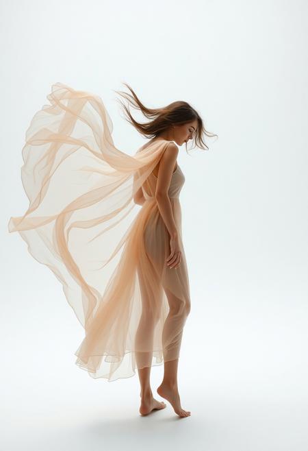 A woman in a flowing sheer dress stands in a minimalist white space, her body caught mid-turn as the wind lifts her hair and fabric into soft spirals. The scene is dreamlike and surreal, with subtle haze, muted colors, and emotional stillness. The lighting is soft and directional, vivid style