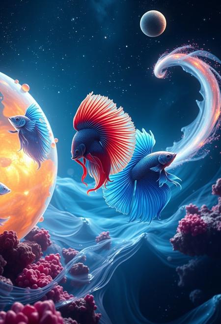 Hyperfantasy cosmic river, **realistic Betta splendens in dynamic motion**, 
**Fish movement**: 
(S-shaped body undulation:1.5), (flaring gills:1.3), (veil tails billowing in cosmic currents:1.6), (directional thrust from fin movements:1.4), 
**Action details**: 
- Betta propelling itself toward crystalline asteroid (left frame) 
- Second Betta mid-turn with (spiral motion blur:1.2) near nebula cloud (right frame) 
- Third fish arching upward with (water-like resistance trails:1.3) 
**Environment**: 
Fluid cosmic space with: 
- (Swirling quantum vortexes as "currents":1.4) 
- (Floaming neon coral reefs:1.3) 
- (Planets with liquid cores creating gravity wells:1.5) 
- Bioluminescent stardust coalescing around fins 
**Technical**: 
Motion capture realism, time-frozen action shot, 8K resolution, Unreal Engine 5 fluid simulation, subsurface scattering on moving fins --ar 21:9