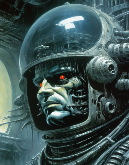 "Close-up, front-facing view of a scavenger, his face reflecting horror, within the chilling confines of a derelict space station. Sharp contrasts, lavishly intricate, drawing from H.R. Giger", surrealism, weird and pissed off, oil on canvas, dry brush, <lora:John Berkey Style:0.9>, John Berkey Style