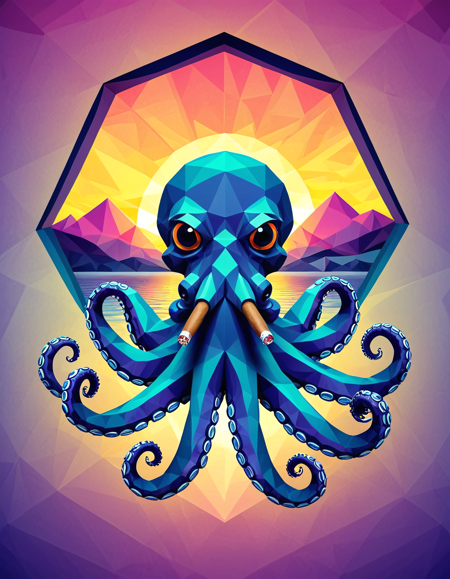 polygon style, low-poly animal, angular shape,
geometric octopus smoking a cigar,
clean polygon edges, symmetrical design, digital art,
<lora:Polygon_Lora_XL:1>
background polygonal sunset from window